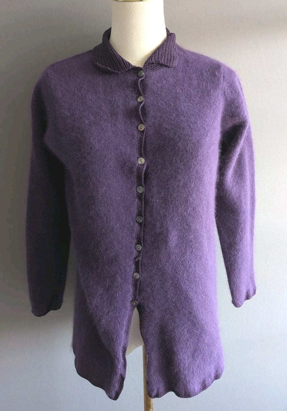 Vintage Valerie Stevens Purple Angora Cardigan Sweater S Fuzzy Crochet Collar